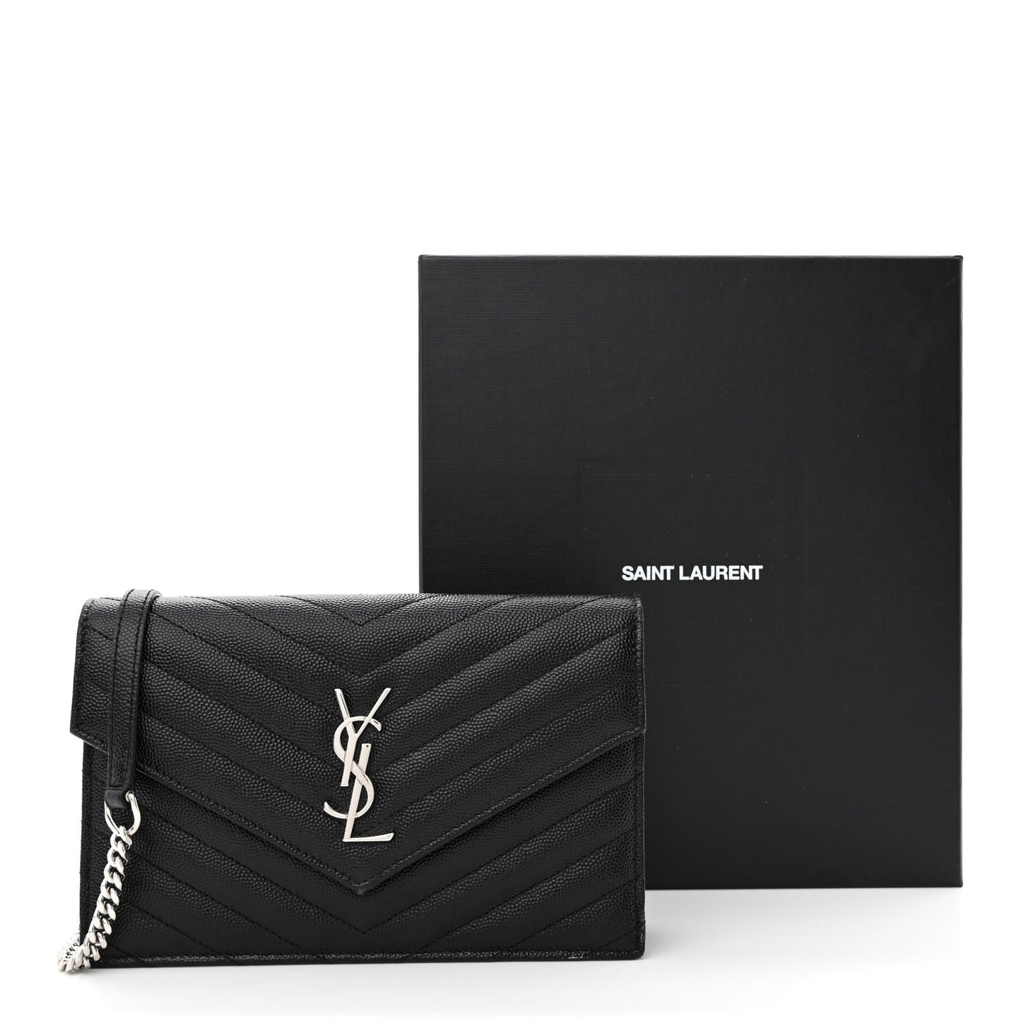 Grain De Poudre Matelasse Chevron Monogram Envelope Chain Wallet Black