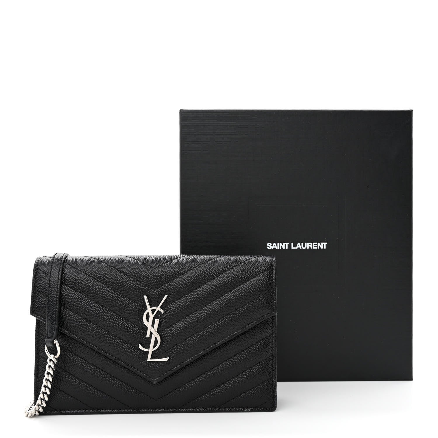 Saint Laurent Grain De Poudre Matelasse Chevron Monogram Envelope Chain Wallet Black 13 of 13