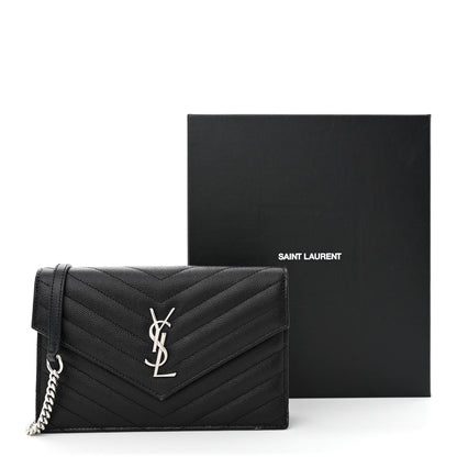 Saint Laurent Grain De Poudre Matelasse Chevron Monogram Envelope Chain Wallet Black 13 of 13