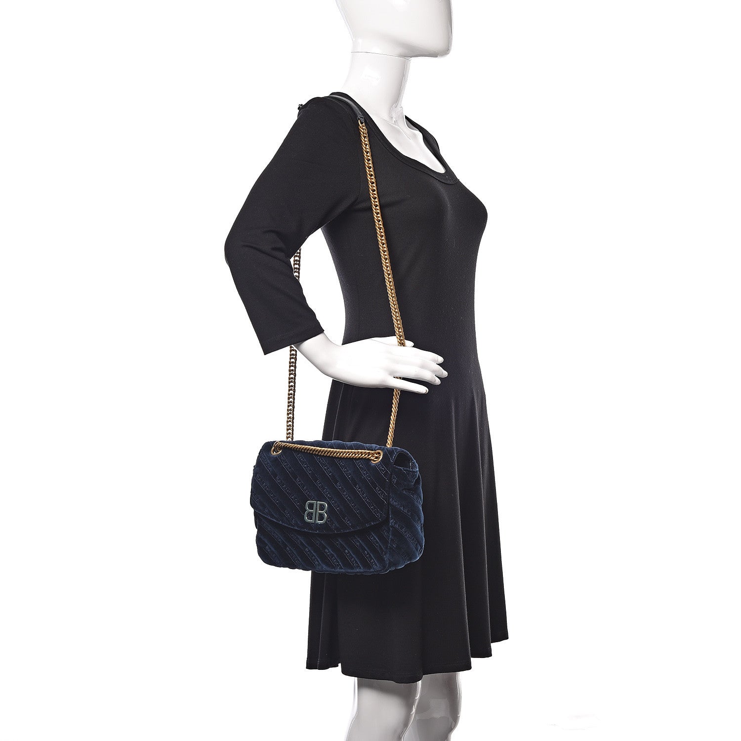 Balenciaga Velvet Logo Matelasse M BB Chain Shoulder Bag Navy 2 of 9