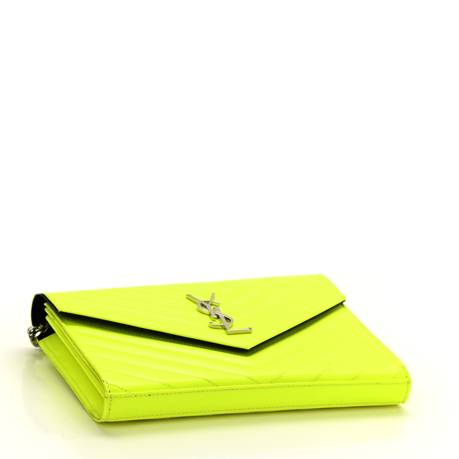 Saint Laurent Patent Grain De Poudre Matelasse Chevron Monogram Chain Wallet Neon Yellow 4 of 11
