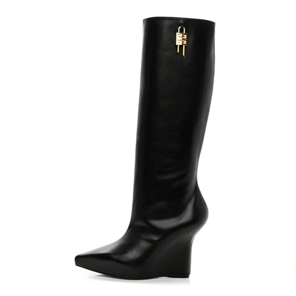 Givenchy Calfskin G Lock Wedge Knee High Boots 38 Black 1 of 9