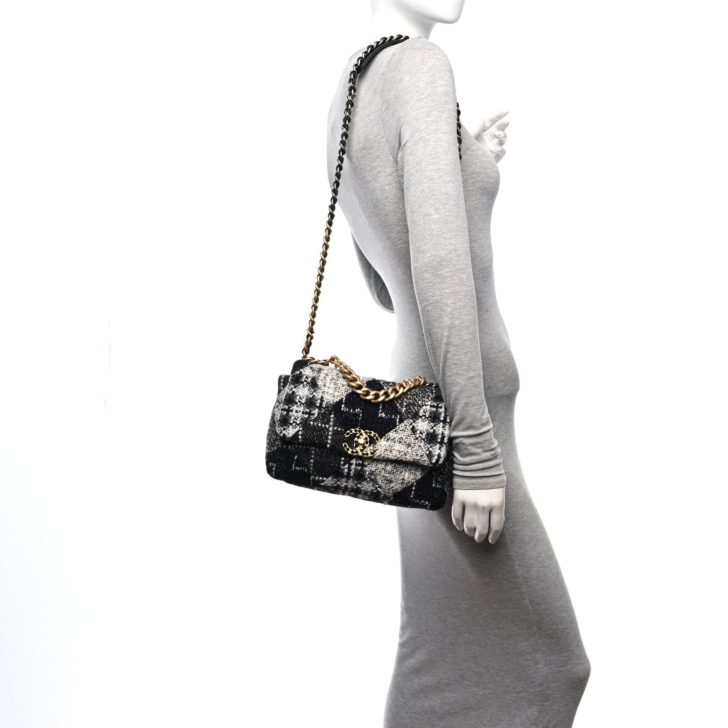 Tweed Quilted Medium Chanel 19 Flap Black White