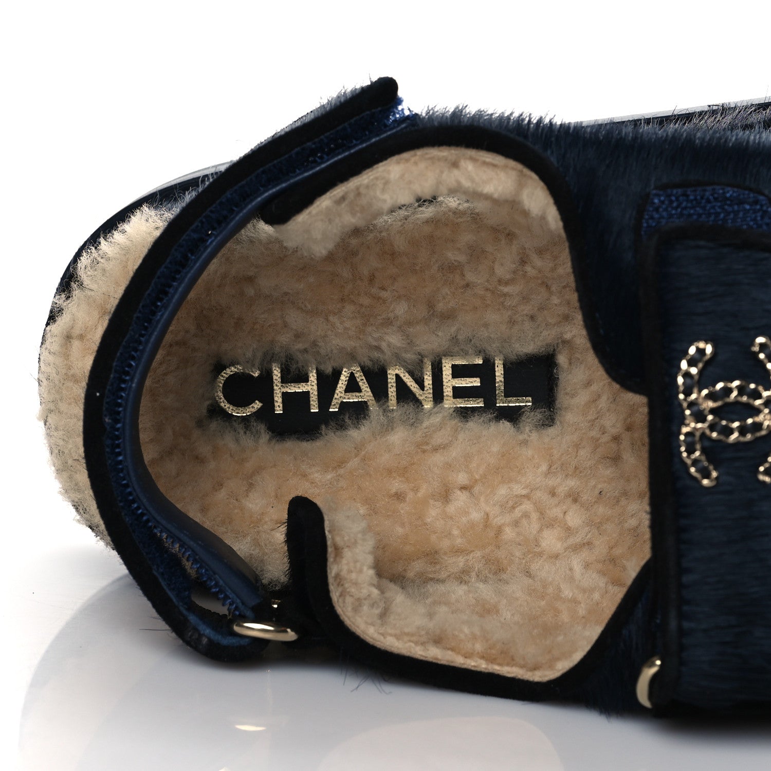 Chanel Calfskin Hair Suede Shearling Dad Sandals 37 Navy Black 7 of 9