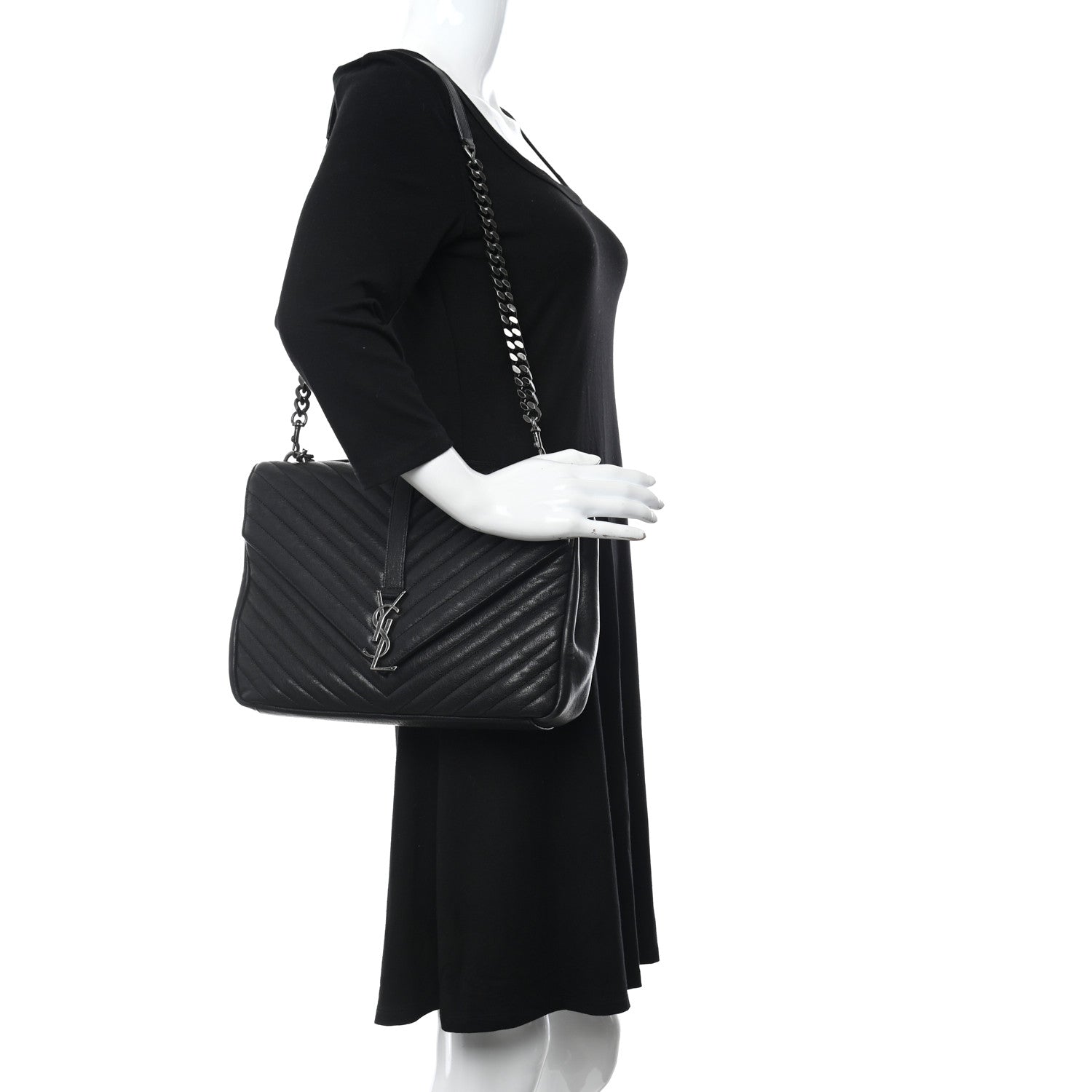 Saint Laurent Sheepskin Matelasse Chevron Monogram Large College Satchel Black 2 of 9