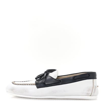 Miu Miu Vitello Deco Boat Loafers 37 White Black 1 of 8