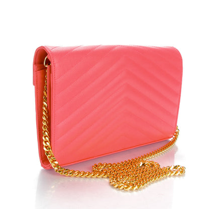 Saint Laurent Grain De Poudre Matelasse Chevron Monogram Chain Wallet Rose Clair 3 of 8