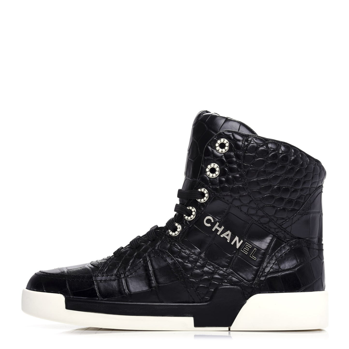 Calfskin Crocodile Embossed Cocodile High Top Sneakers 38 Black