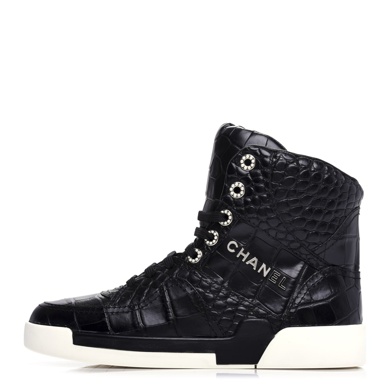 Chanel Calfskin Crocodile Embossed Cocodile High Top Sneakers 38 Black 1 of 10