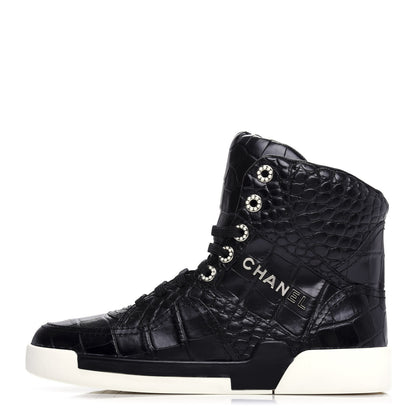 Chanel Calfskin Crocodile Embossed Cocodile High Top Sneakers 38 Black 1 of 10