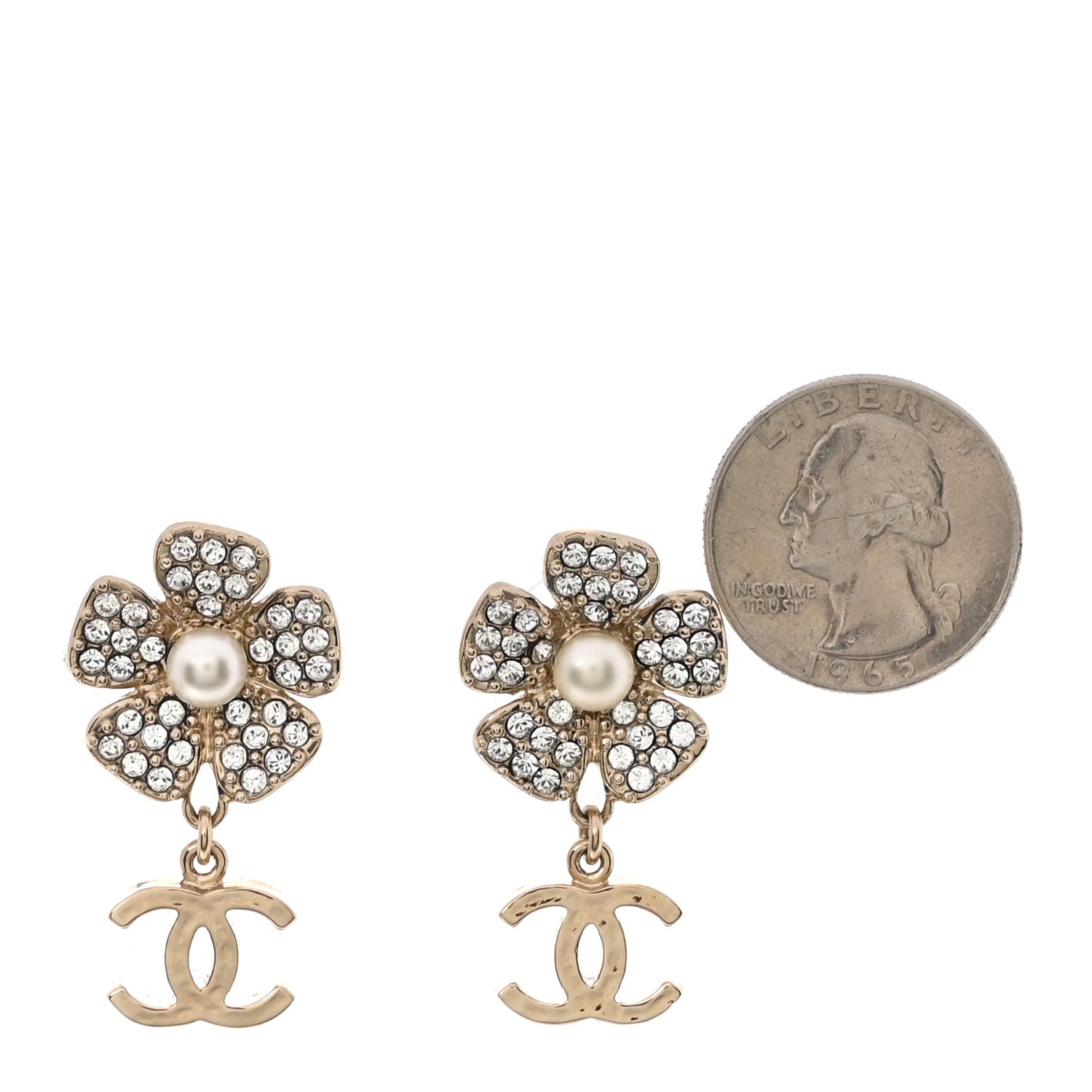 Chanel Metal Pearl Crystal CC Flower Drop Earrings Gold White 2 of 4