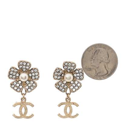 Chanel Metal Pearl Crystal CC Flower Drop Earrings Gold White 2 of 4