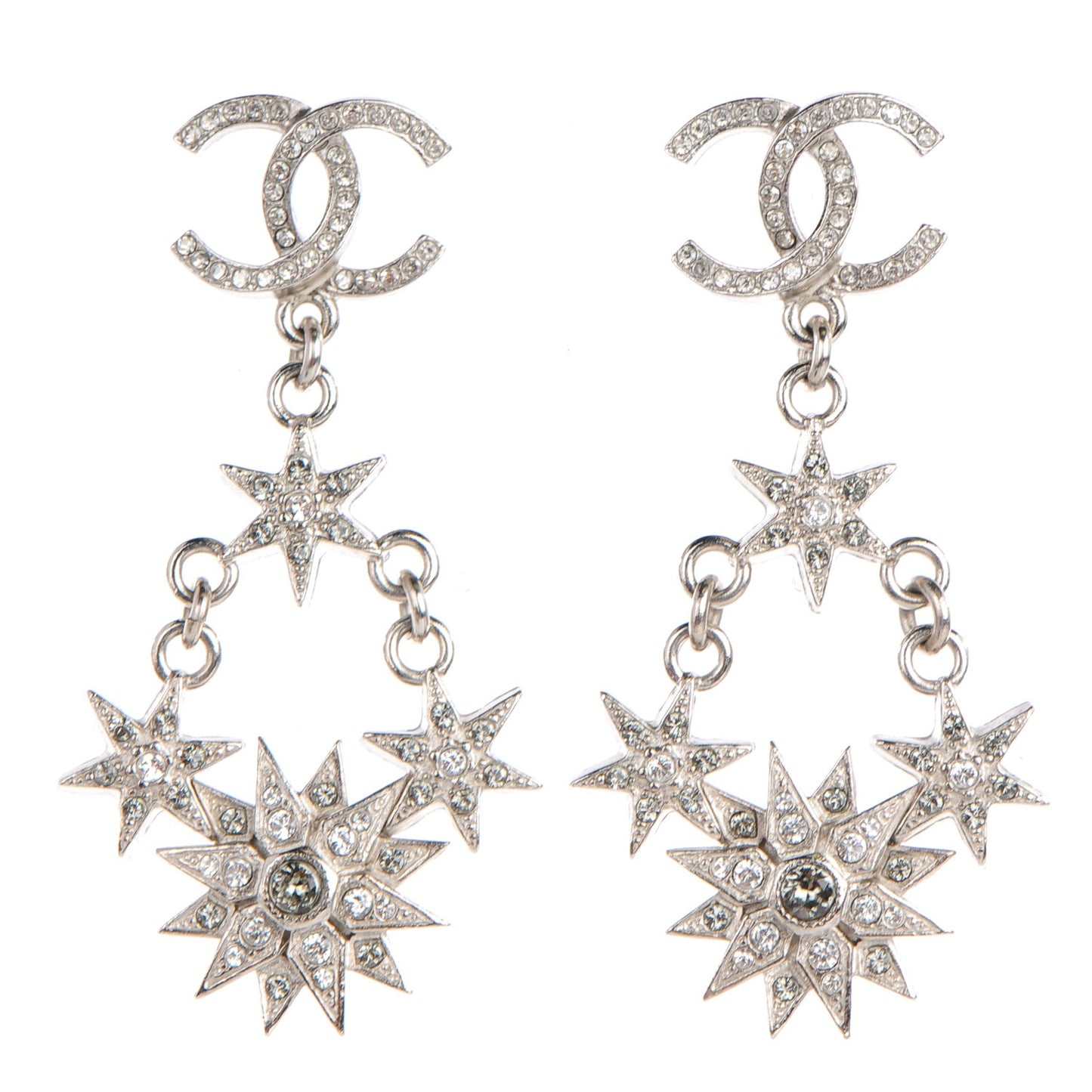 Crystal CC Star Dangle Earrings Grey Silver