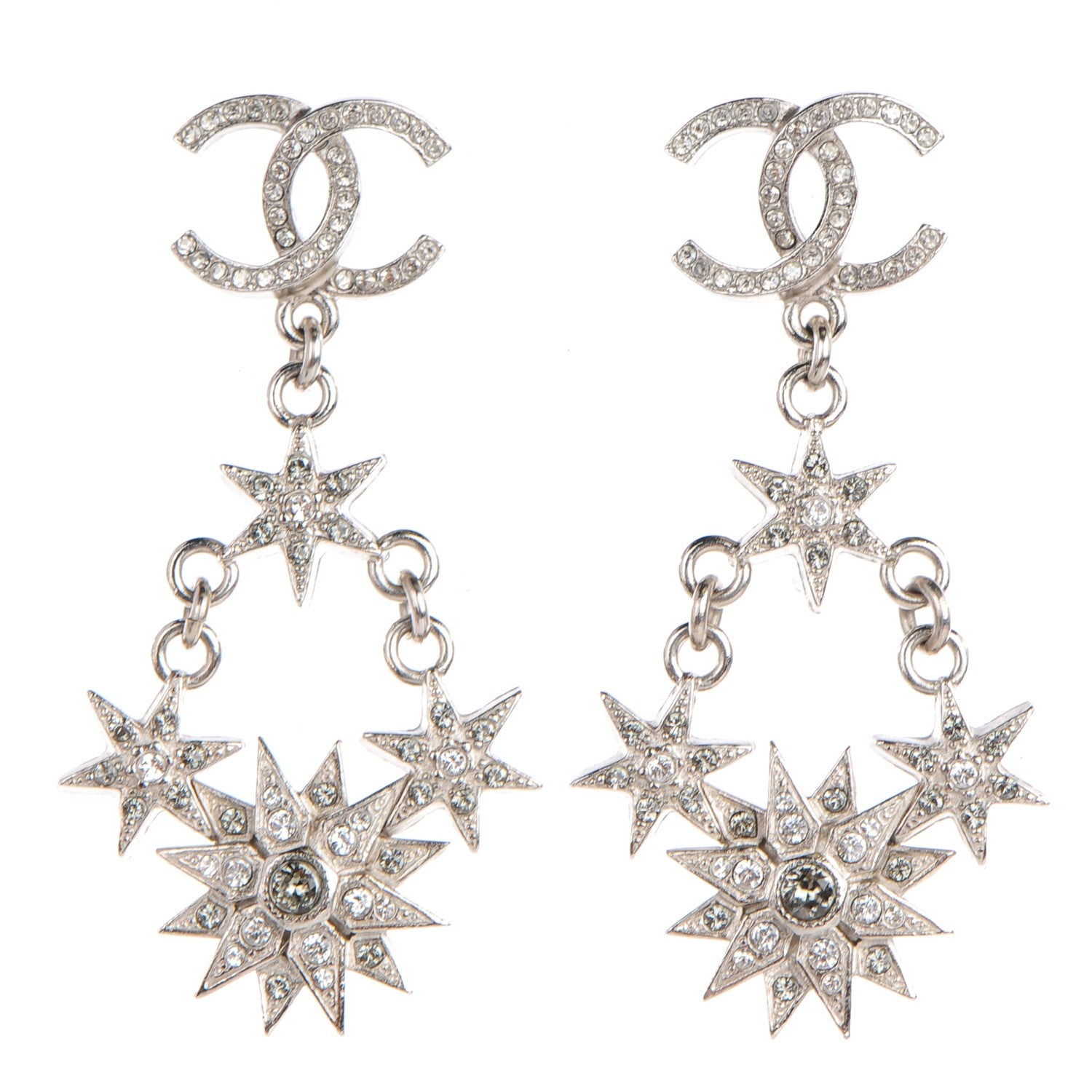 Chanel Crystal CC Star Dangle Earrings Grey Silver 1 of 4