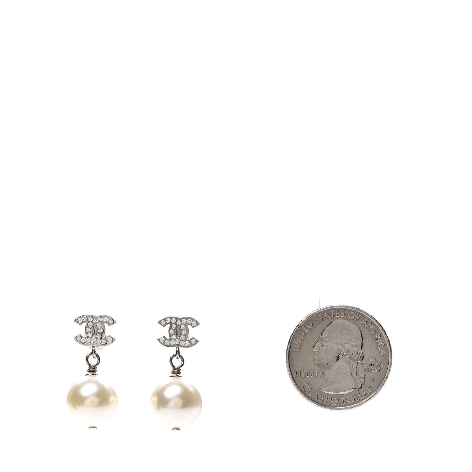 Chanel Crystal Pearl CC Drop Earrings Silver Pearly White 2 of 5