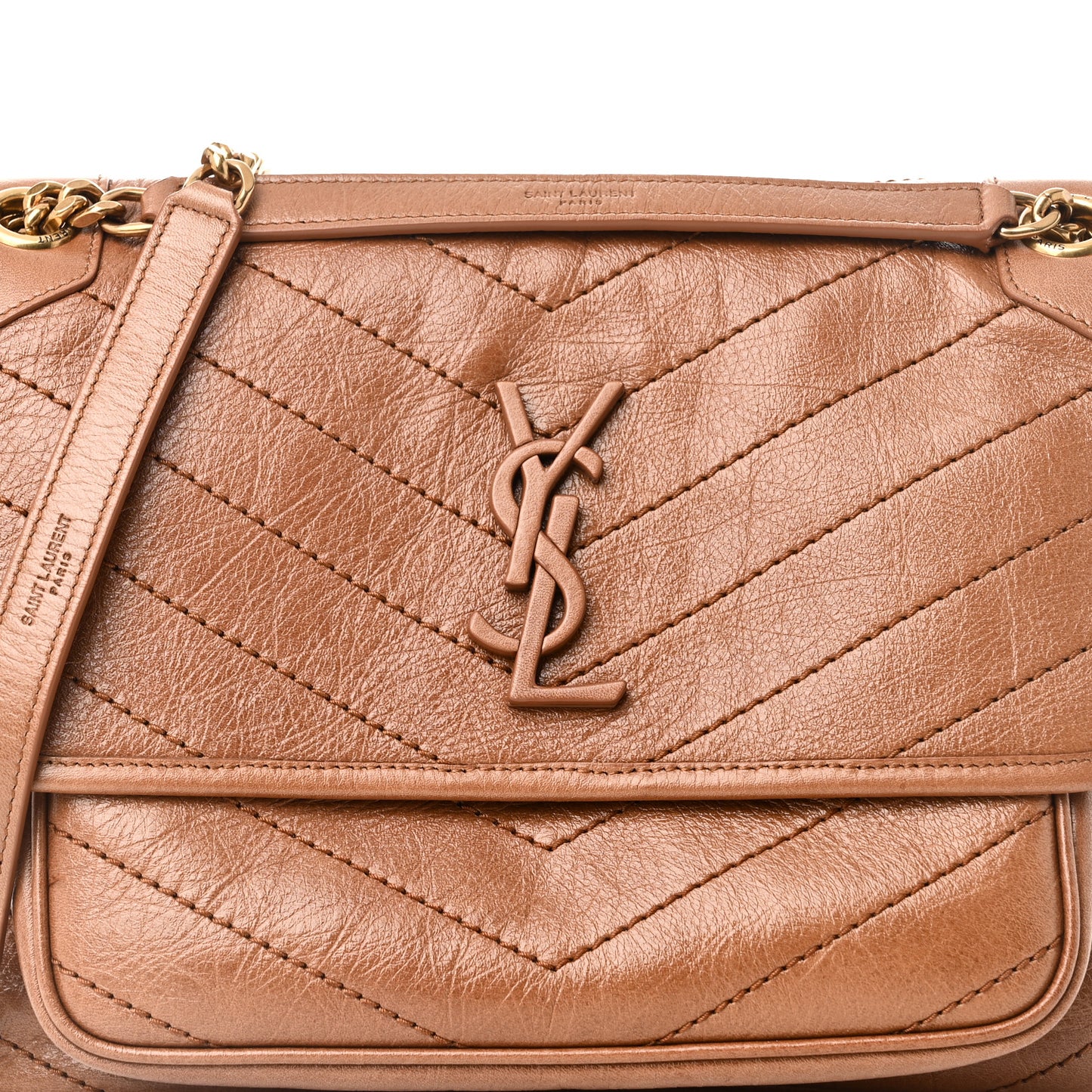 Crinkled Calfskin Matelasse Monogram Medium Niki Chain Satchel Light Burnt