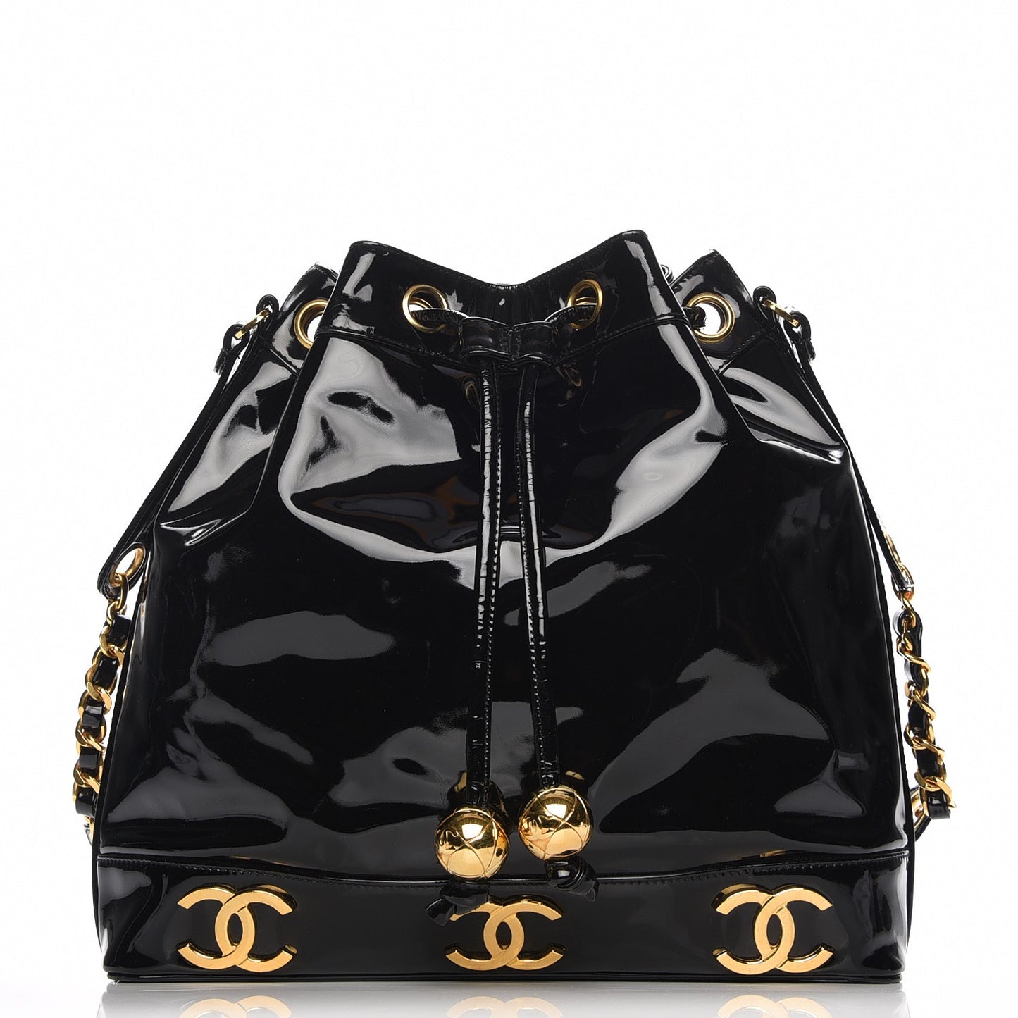 Patent CC Drawstring Shoulder Bag Black