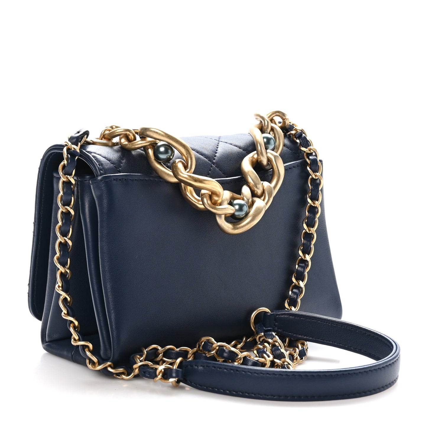 Calfskin Quilted Pearl Jewel Chain Flap Navy