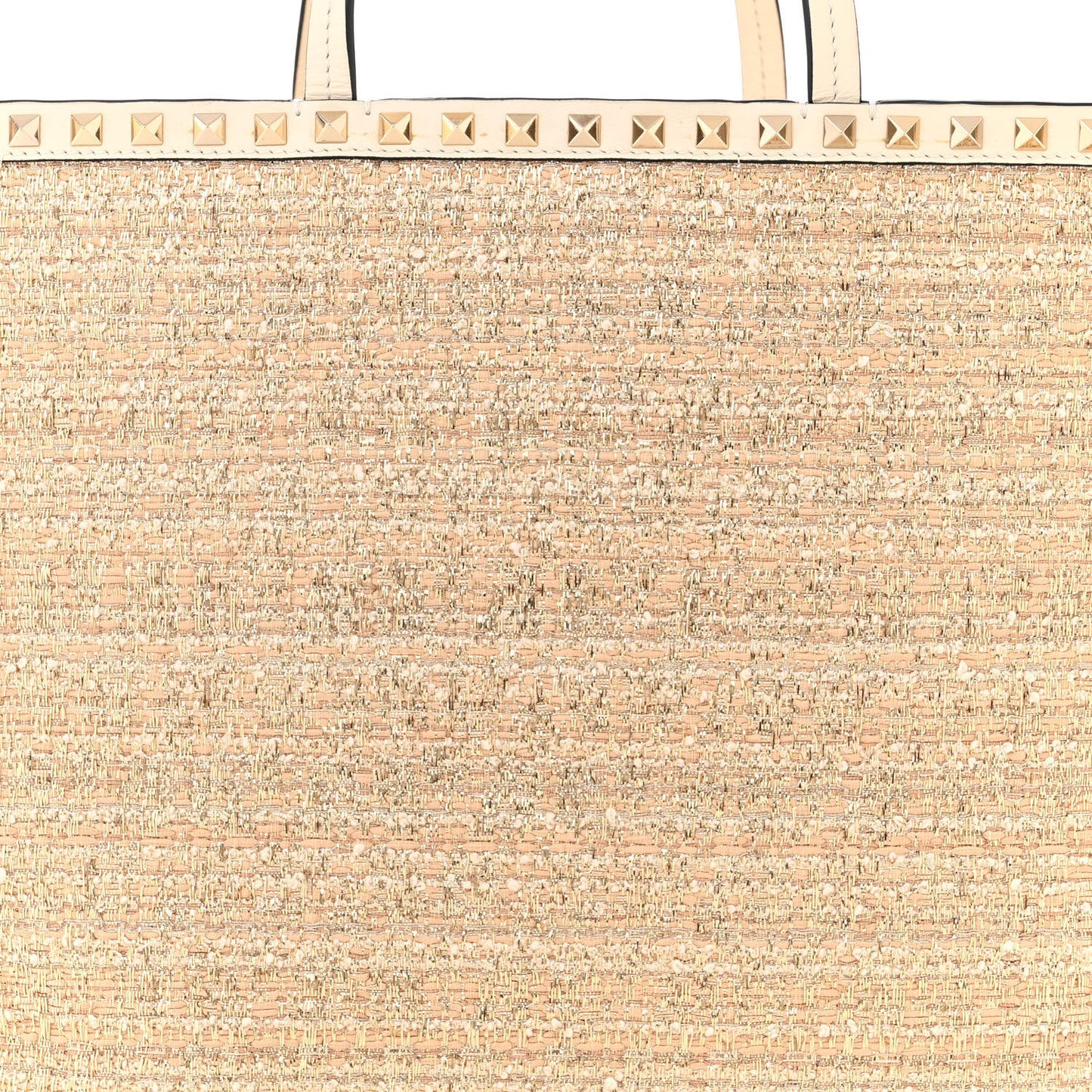Metallic Boucle Raffia Calfskin Rockstud Tote Bag White Ivory Gold