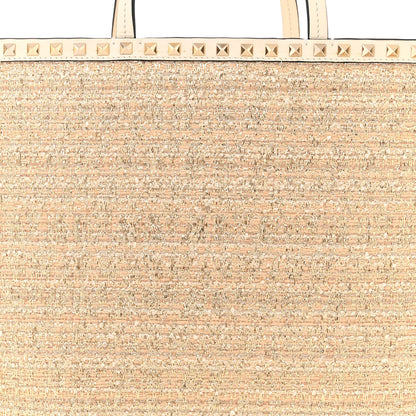 Valentino Garavani Metallic Boucle Raffia Calfskin Rockstud Tote Bag White Ivory Gold 7 of 11