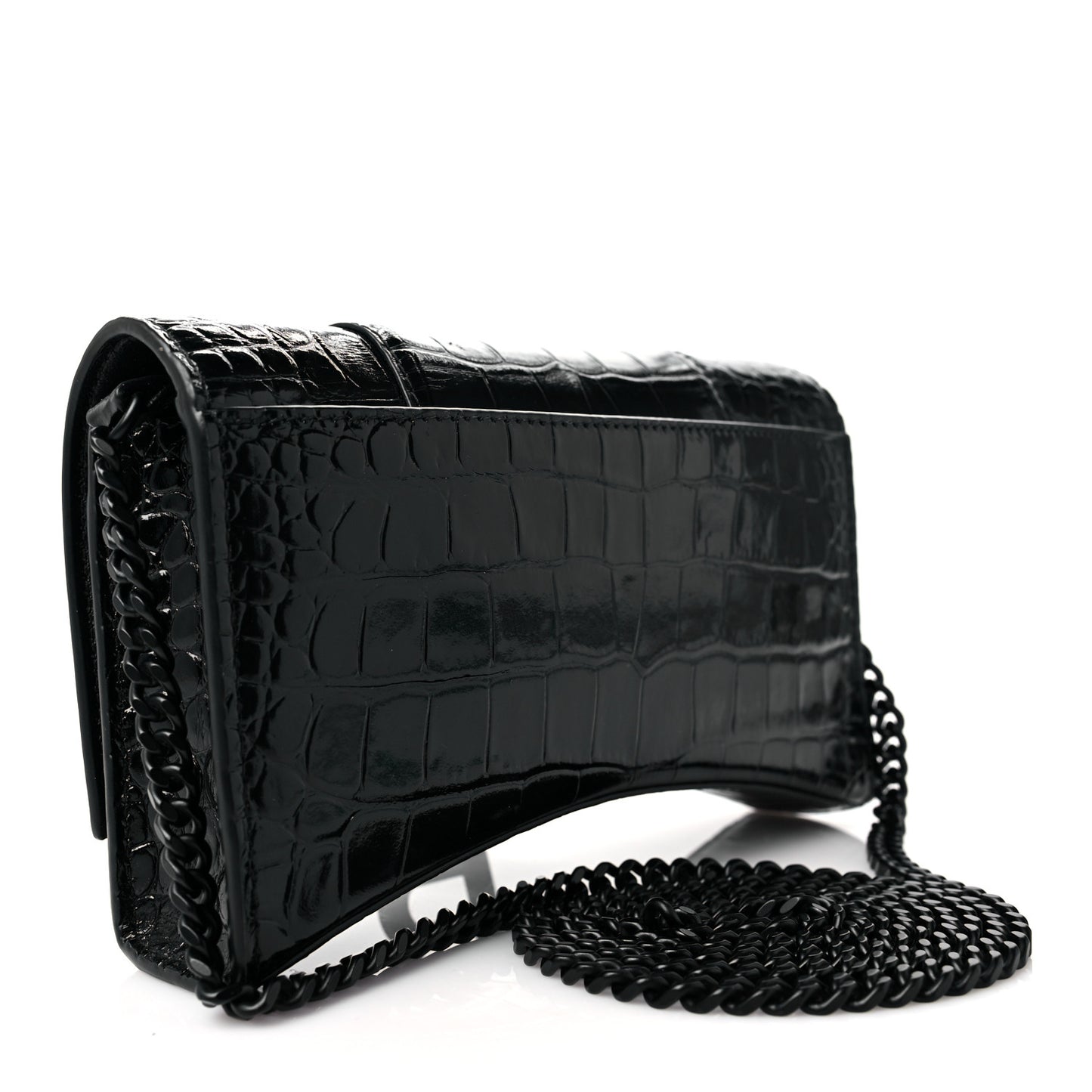 Shiny Calfskin Monochrome Crocodile Embossed Hourglass Chain Bag Black