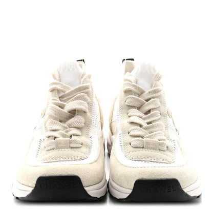 Chanel Mesh Suede Fabric Womens CC Sneakers 38 White Ivory Light Beige 3 of 9
