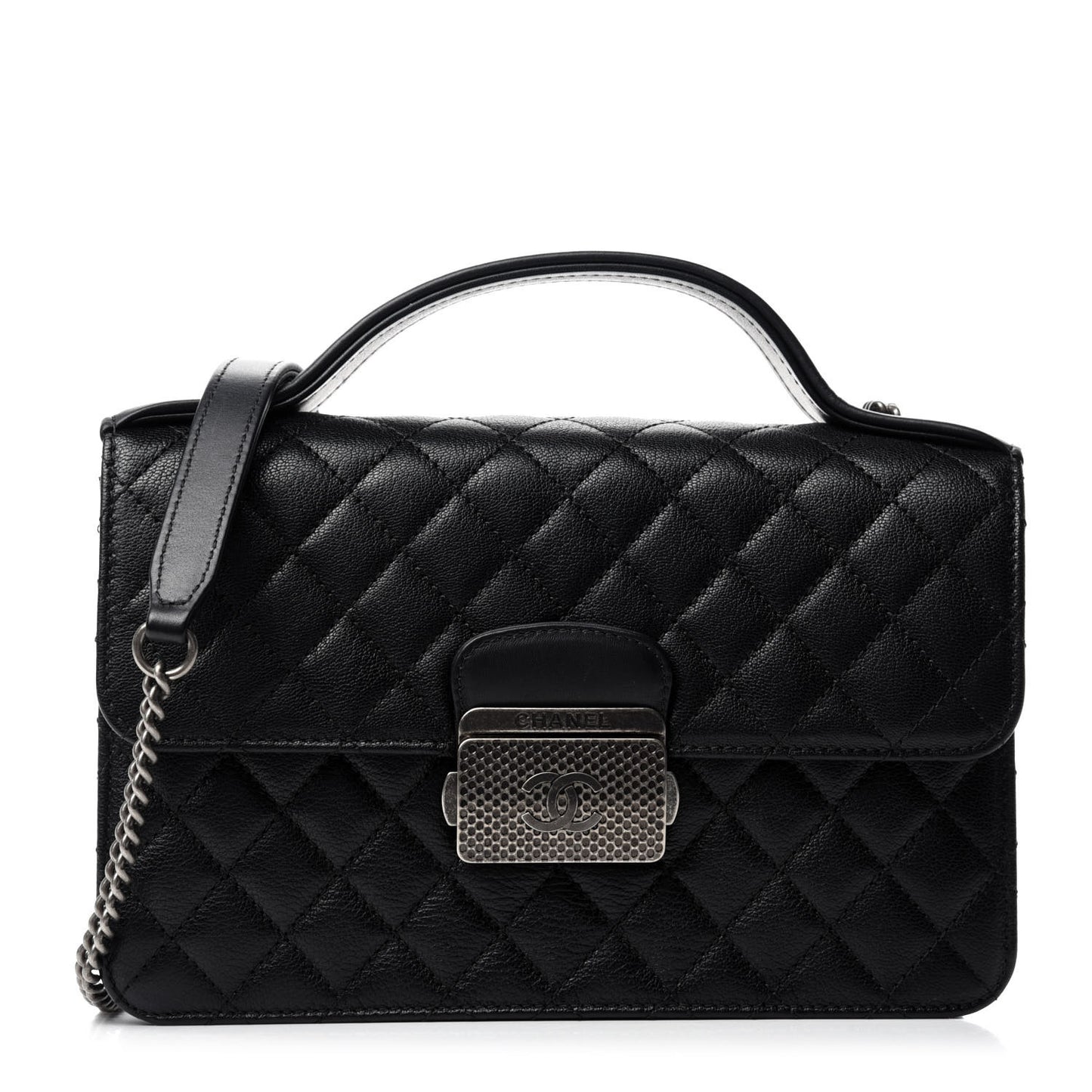 Goatskin Quilted Small CC University Top Handle Flap Black