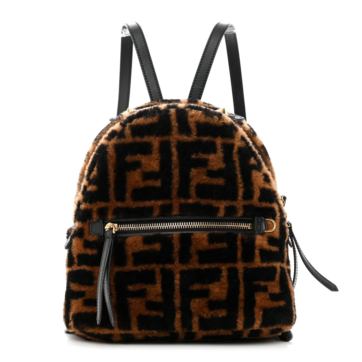 Fendi Shearling Macro FF 1974 Mini Backpack Tobacco Black 1 of 10