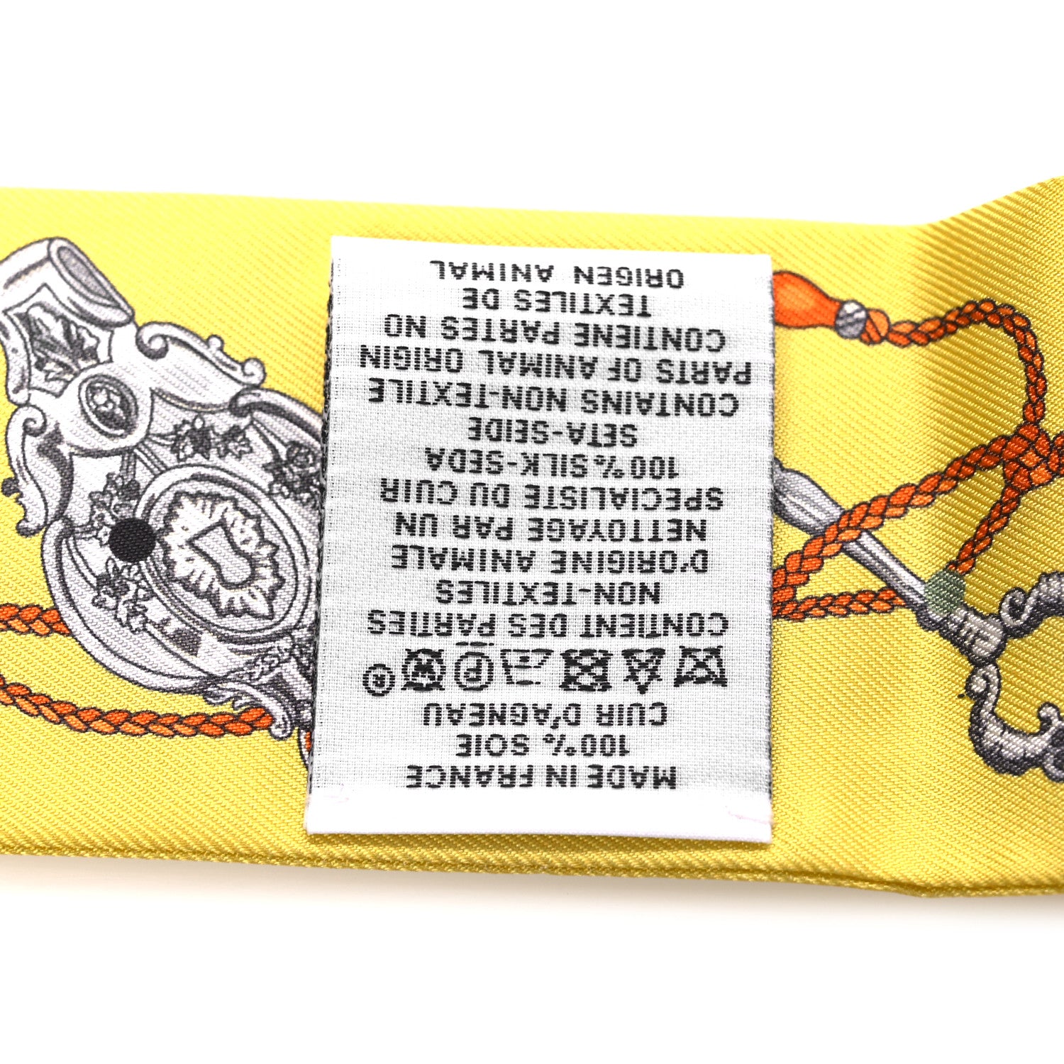 Hermes Silk Calfskin Les Cles A Pois Fringed Twilly Jaune Argent