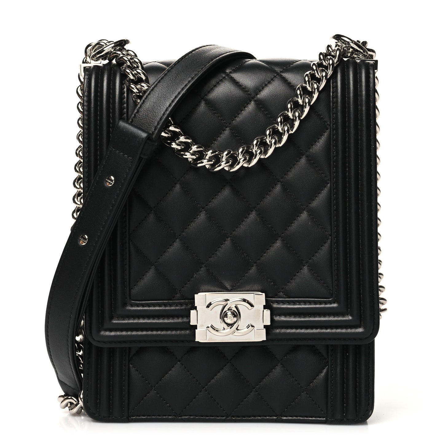 Calfskin Quilted North South Boy Flap Black