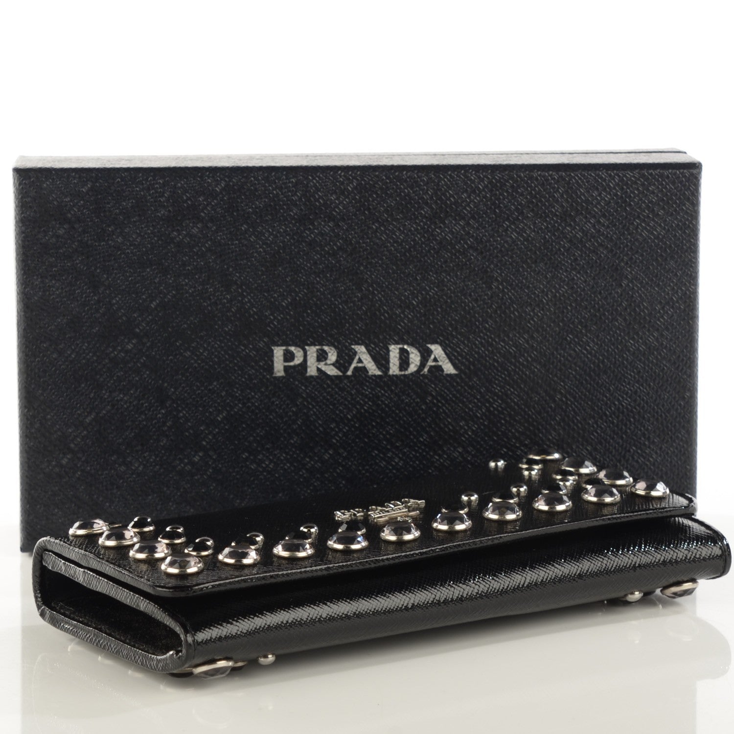 Prada Saffiano Vernice Crystal Studded Continental Wallet Black 4 of 8