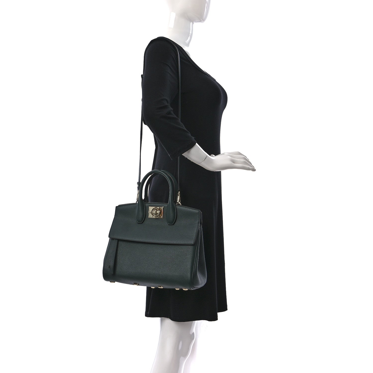 Salvatore Ferragamo Hammered Calfskin Medium Studio Top Handle Bag Dark Green 2 of 8
