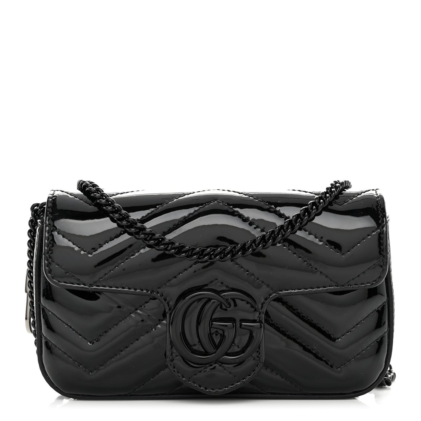 Patent Lambskin Enamel Matelasse Monochrome Super Mini GG Marmont Shoulder Bag Black