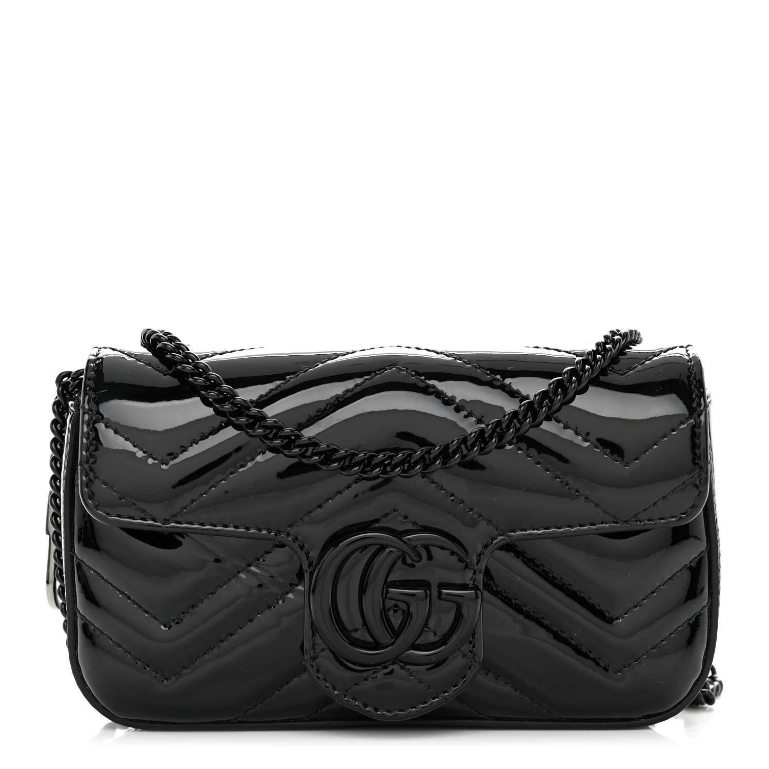 Gucci Patent Lambskin Enamel Matelasse Monochrome Super Mini GG Marmont Shoulder Bag Black 1 of 9