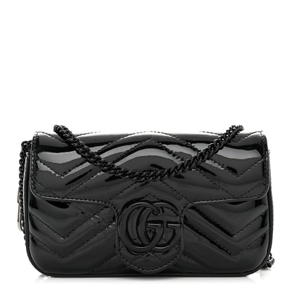 Gucci Patent Lambskin Enamel Matelasse Monochrome Super Mini GG Marmont Shoulder Bag Black 1 of 9