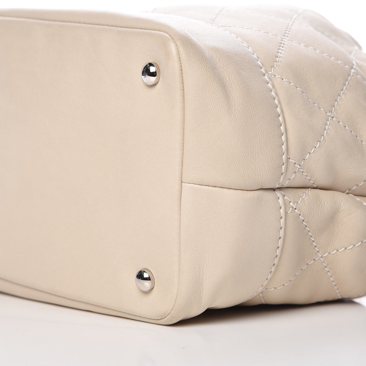 Lambskin Contrast Stitch Small Drawstring Tote Ivory
