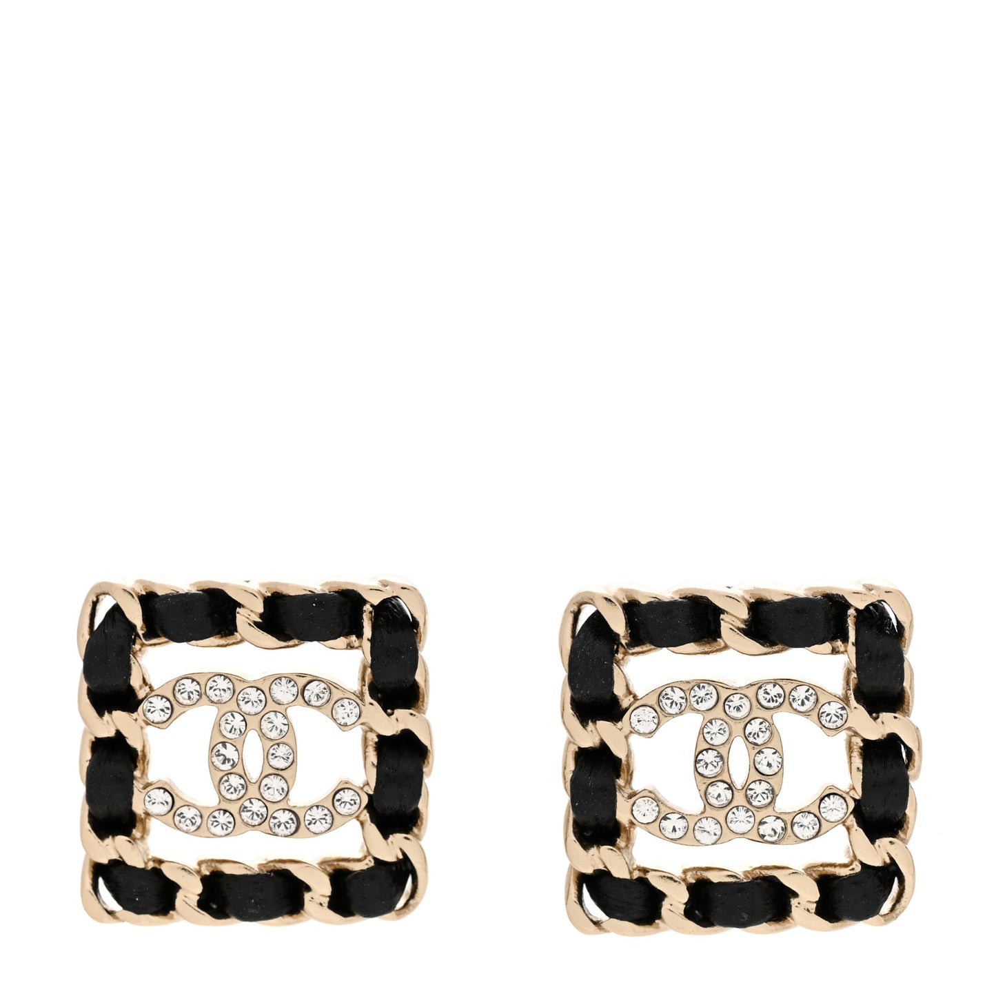 Crystal Lambskin Chain Sergeant Chanel Stud Earrings Black Gold