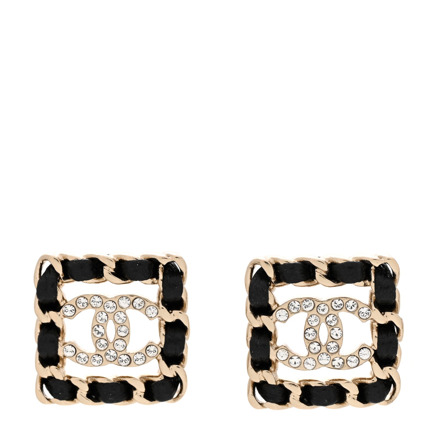 Chanel Crystal Lambskin Chain Sergeant Chanel Stud Earrings Black Gold 1 of 4