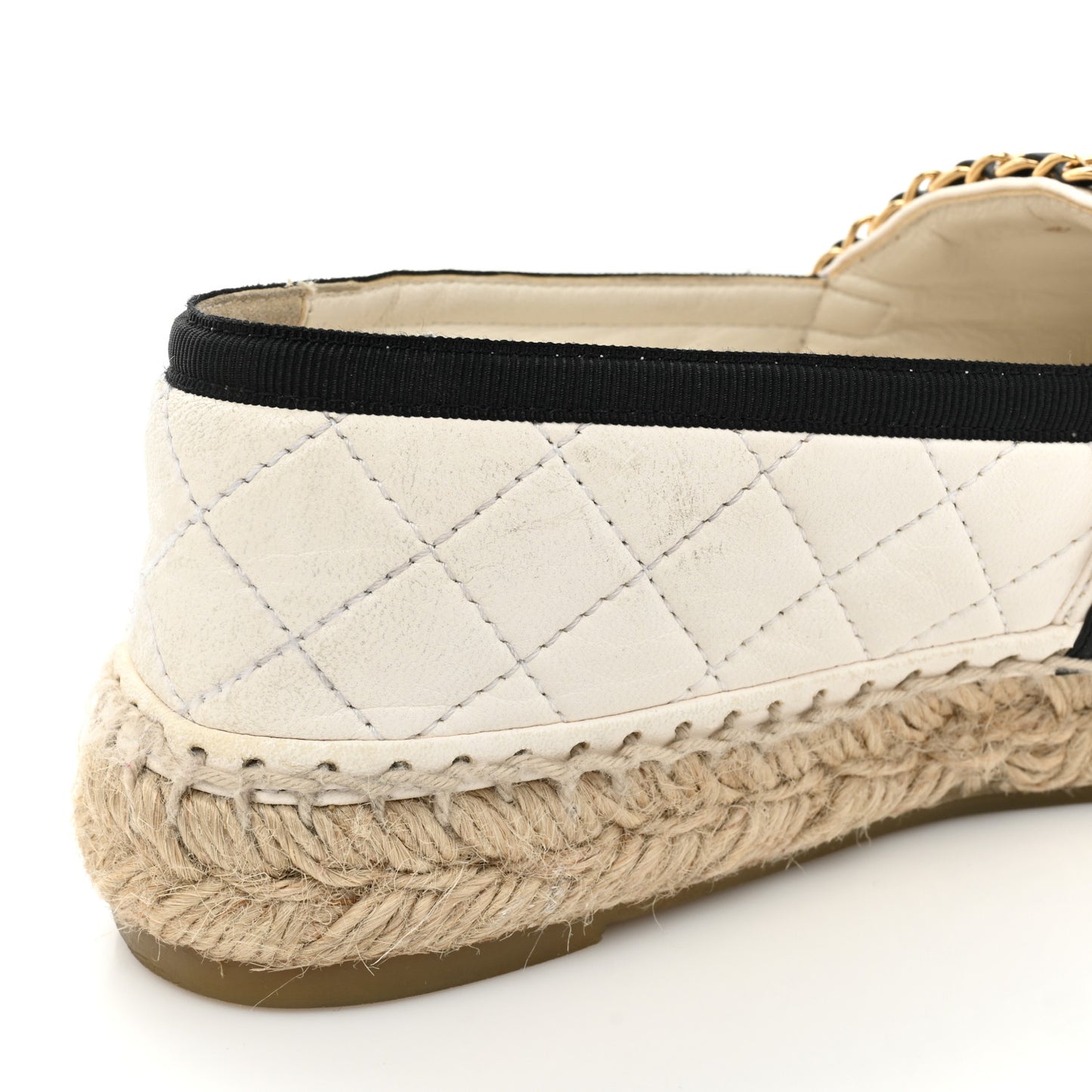 Lambskin Grosgrain Quilted CC Chain Espadrilles 37 White Black