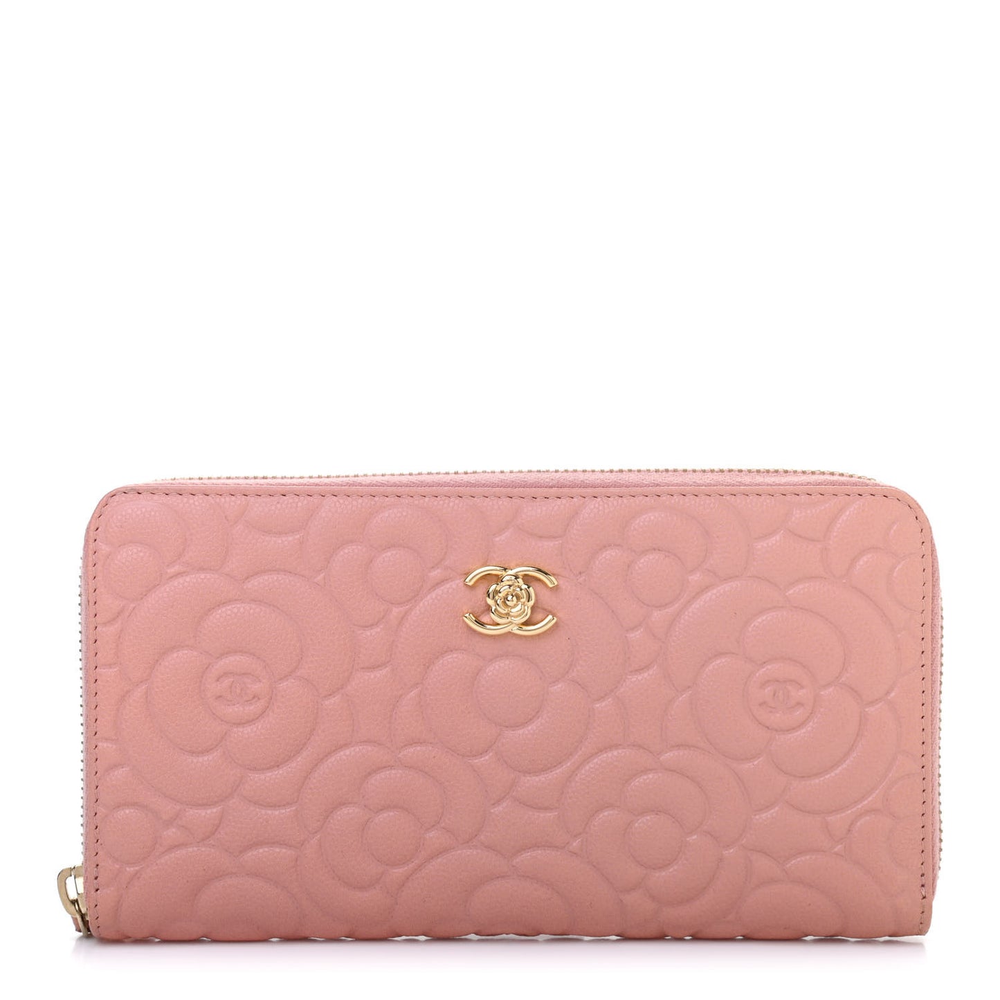 Caviar Camellia Embossed Zip Around Large Gusset Wallet Nude