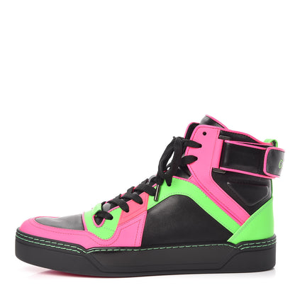 Gucci Calfskin Womens High Top Sneakers 40 Black Neon Green Pink 1 of 9