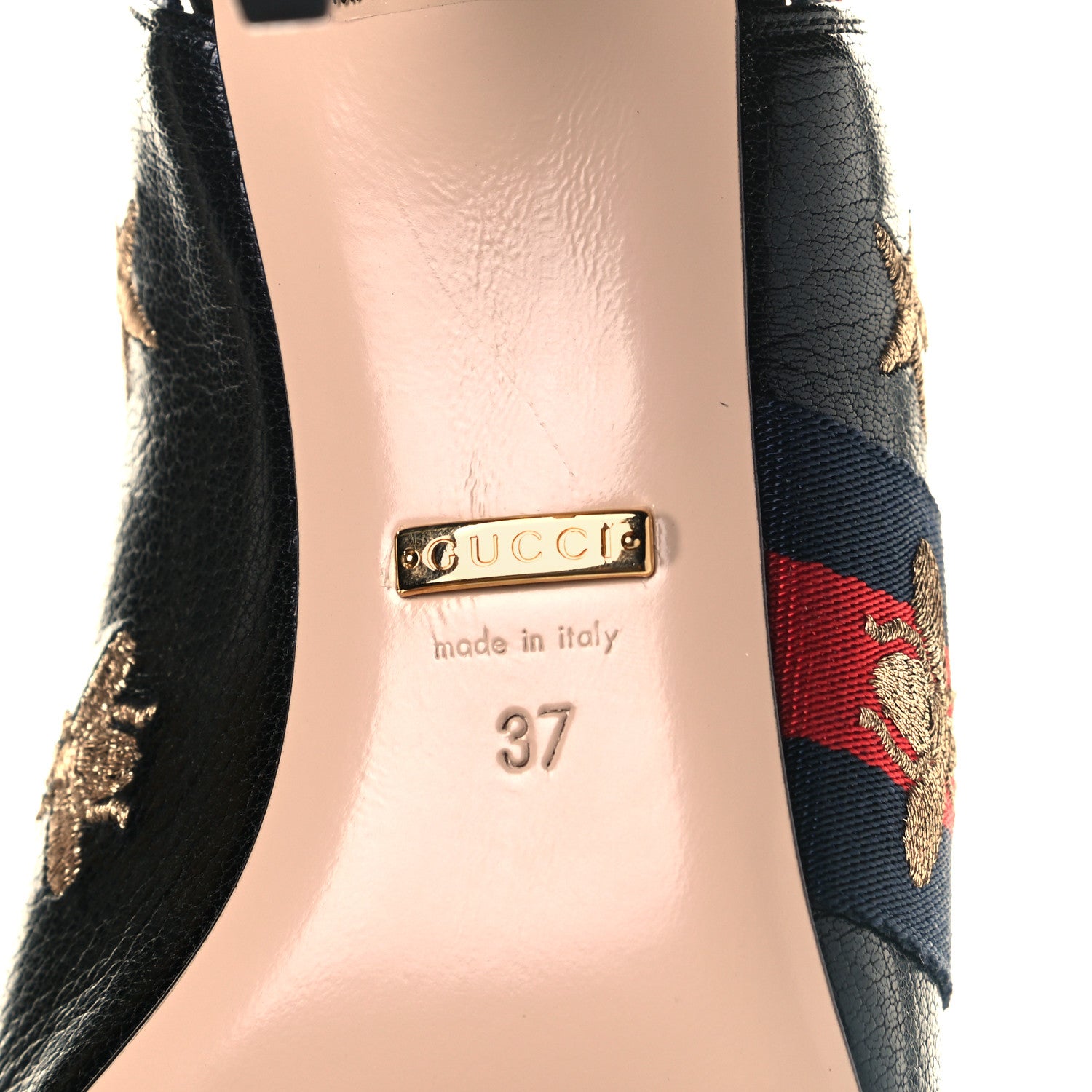 Gucci Malaga Kid Web Bee Star Embroidered Sylvie High Heel Slingback Pumps 37 Black 6 of 9