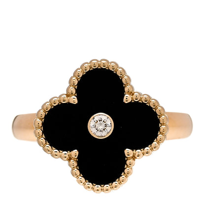 Van Cleef & Arpels 18K Yellow Gold Black Onyx Diamond Vintage Alhambra Ring 53 6.5 1 of 6