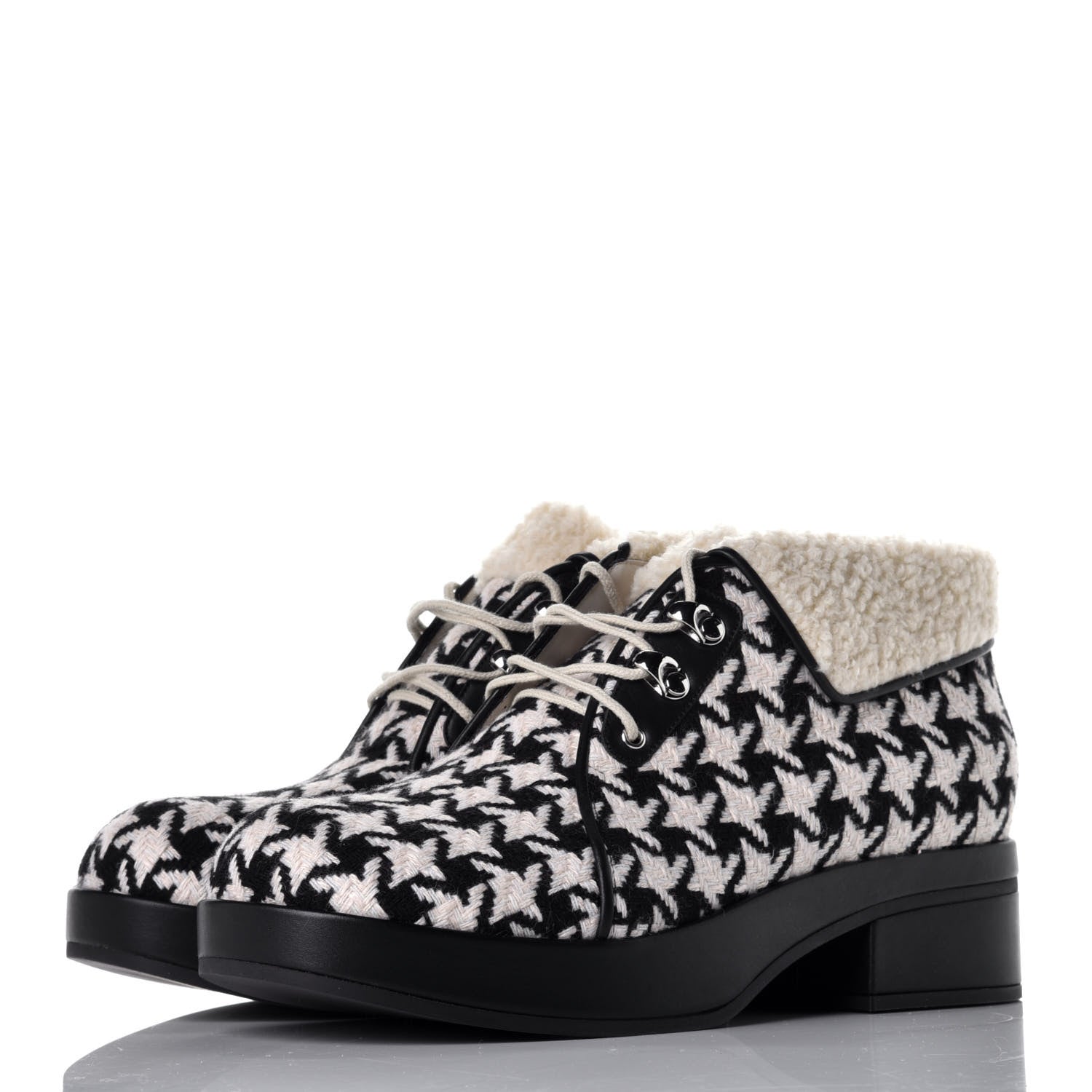 Gucci Optical Tweed Faux Shearling Houndstooth Victor Lace Up Ankle Boots 40 White Black 3 of 8