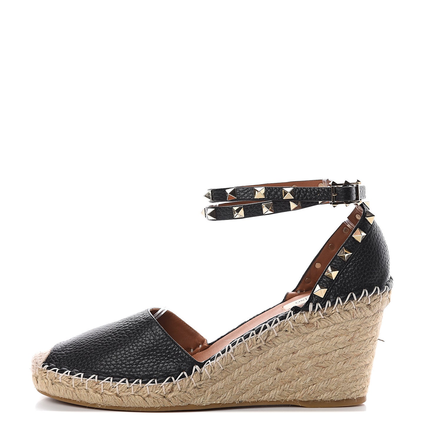 Grained Calfskin Rockstud Ankle Wrap Espadrille 15/85mm Wedges 40 Black Light Cuir