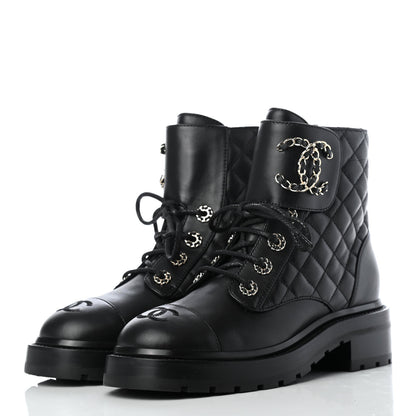 Chanel Shiny Lambskin Quilted Lace Up Combat Boots 36 Black 4 of 9