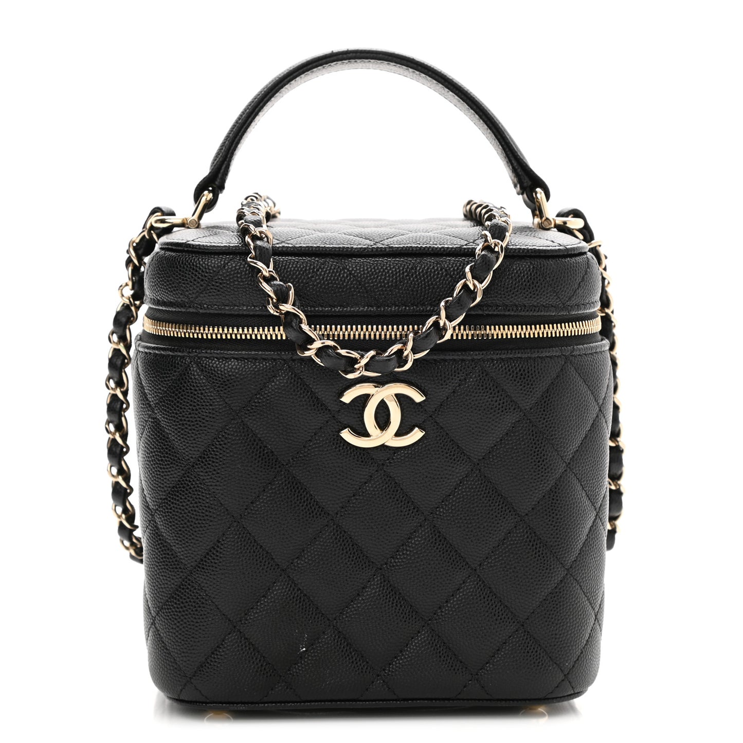 Caviar Quilted Small Top Handle Vanity Case With Chain Black