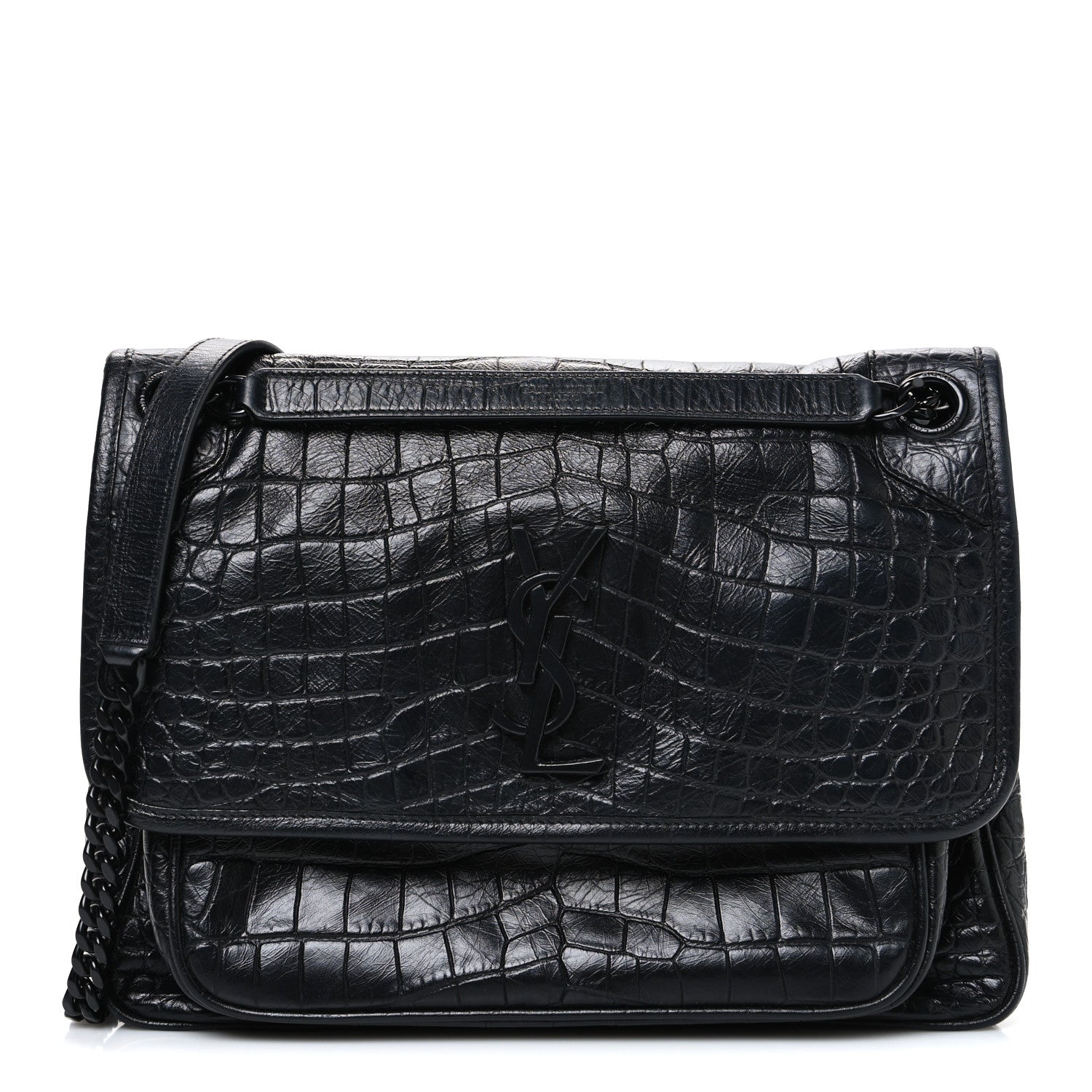 Saint Laurent Crocodile Embossed Lambskin Monogram Medium Niki Chain Satchel Black 1 of 10