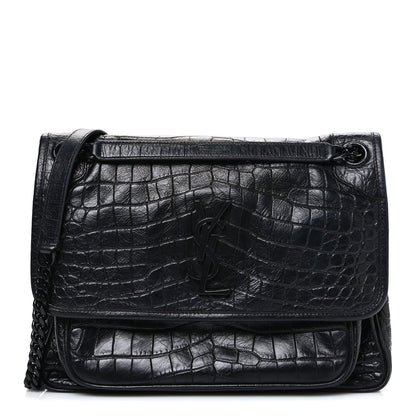 Saint Laurent Crocodile Embossed Lambskin Monogram Medium Niki Chain Satchel Black 1 of 10