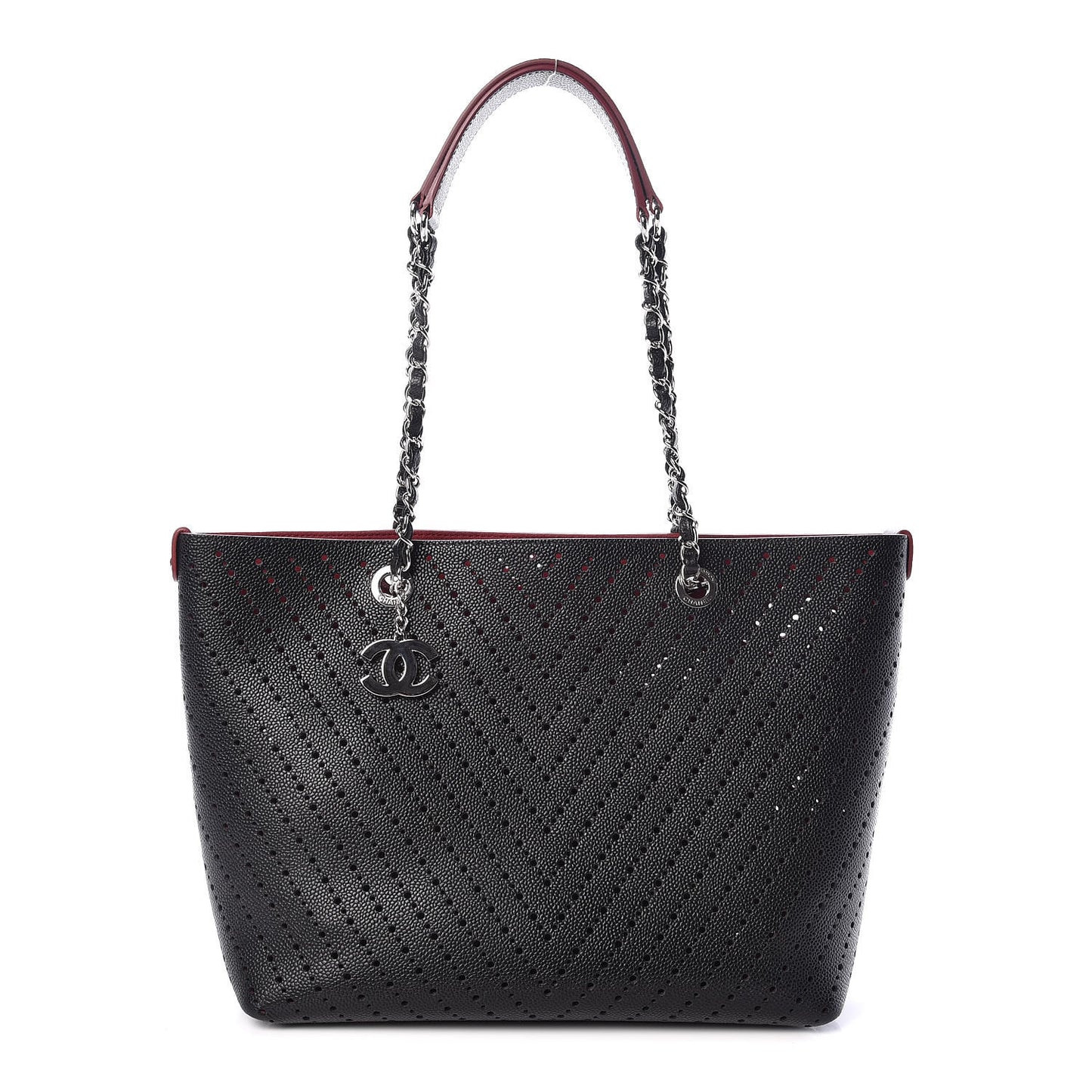 Perforated Grained Calfskin Large Shopping Tote Black